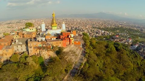 Aerial shot before earthquake Monkey Temple (Swayambhunath) in nepal see the landscpae 