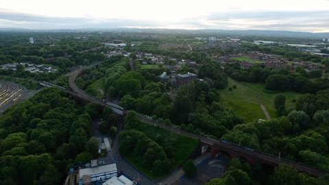 Drone shot of a train rail in Manchester, England, front