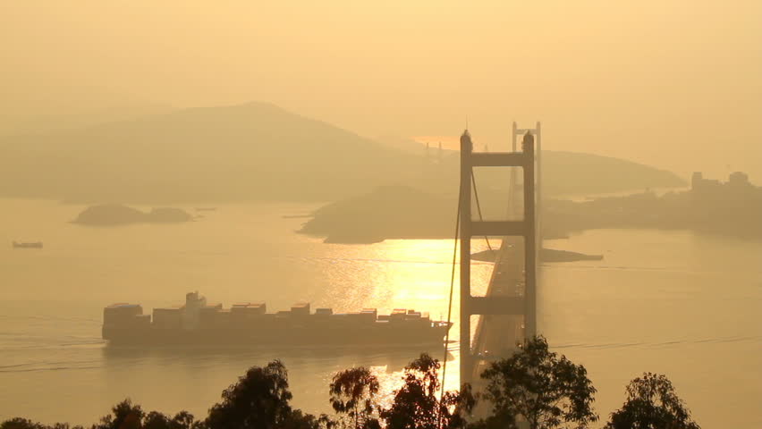 Tsing Ma Bridge and Container ship at Sunset - Tsing Ma Bridge is a bridge in
