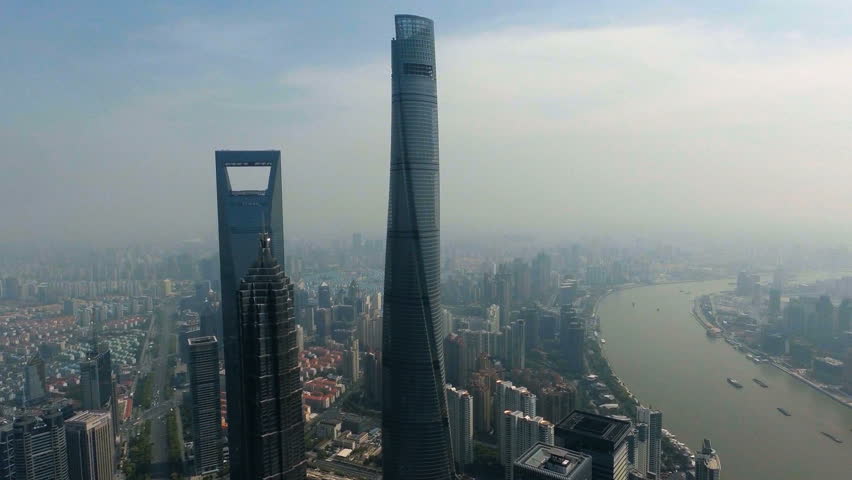 Drone shot of cityscape in Shanghai, China, up