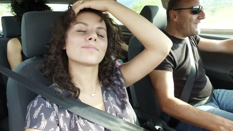 Beautiful female and family are having fun traveling with car, 4k