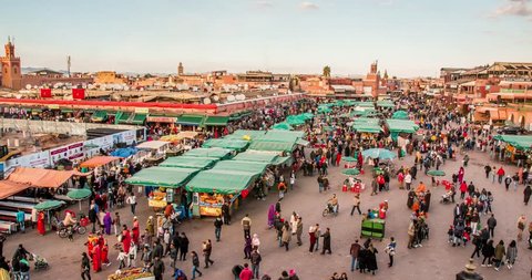 MARRAKECH, MOROCCO timelapse People on Jemaa el Fna square and market place in medina quarter 07 january, 2017