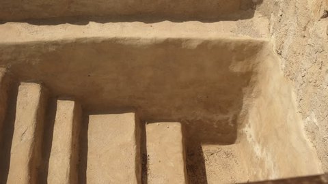 pan of the steps to a ritual bath at the ruins where the dead sea scrolls were discovered at qumran, israel
