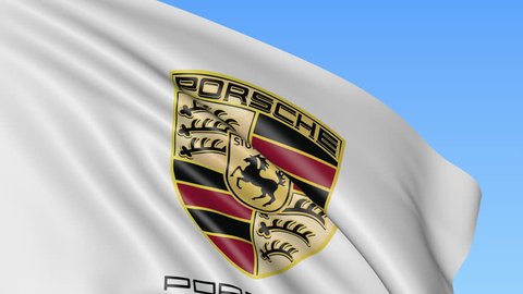 Close-up of waving flag with Porsche logo, seamless loop, blue background, editorial animation. 4K ProRes