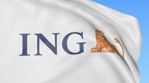 Close-up of waving flag with ING Group logo, seamless loop, blue background, editorial animation. 4K ProRes