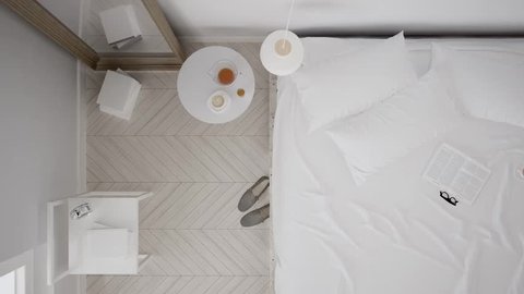 Scandinavian classic white bedroom, top view, interior walk through, steady cam, minimalistic design, 3d illustration