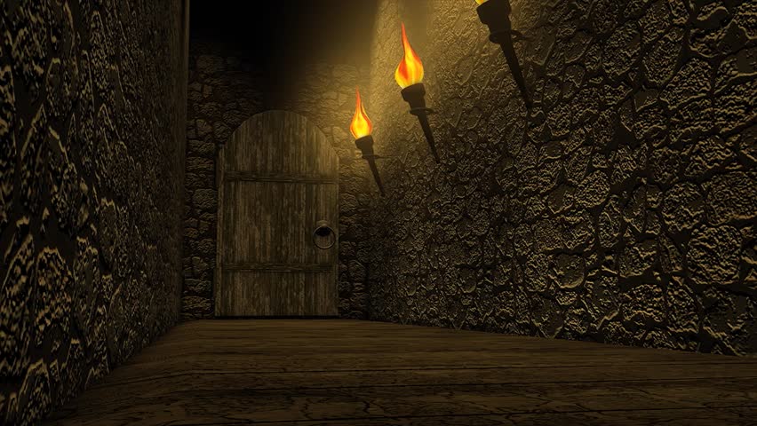 A typical old castle passage way, rough wall, torch lights.