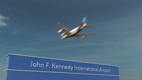 Commercial airplane landing at John F. Kennedy International Airport 3D conceptual 4K animation
