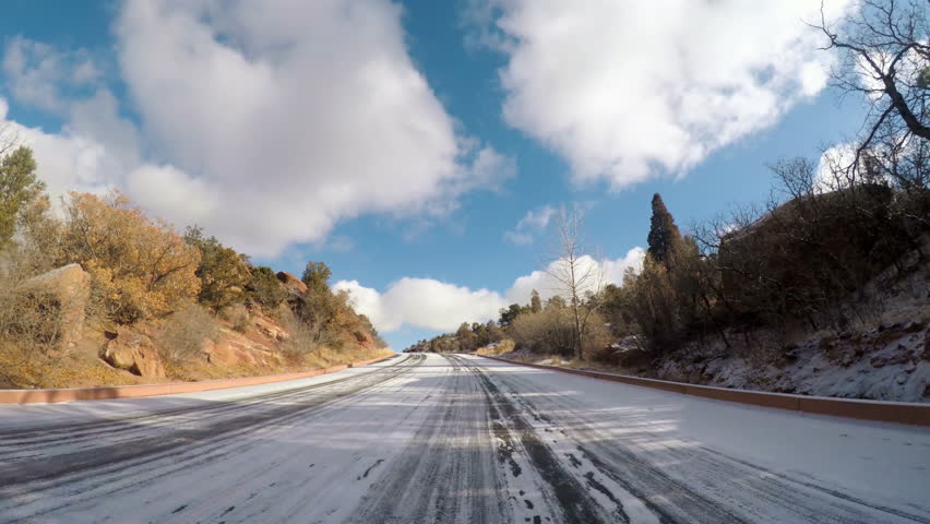 POV point of view - Driving through Garden of the Gods on late morning in the Winter.
