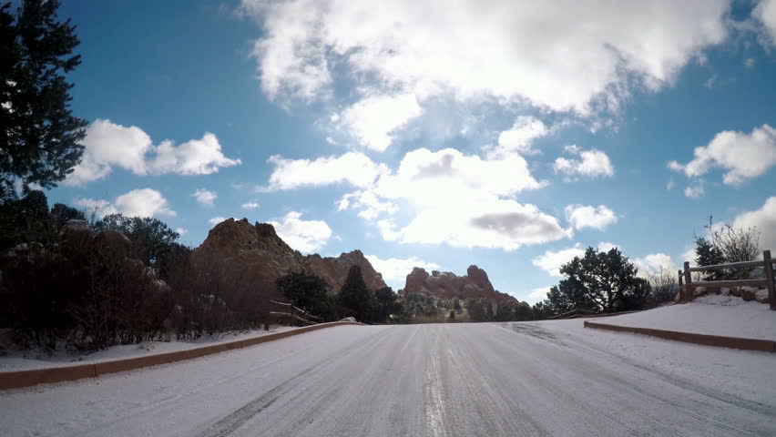 POV point of view - Driving through Garden of the Gods on late morning in the Winter.