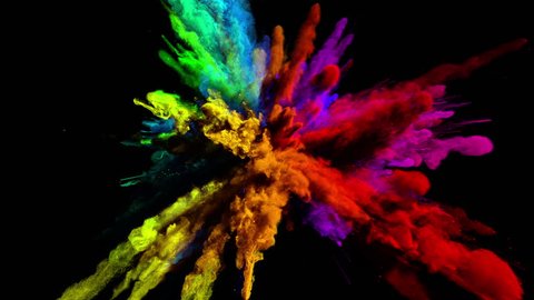 Cg animation of powder explosion with all primary colors on blackbackground. Slow motion movement with acceleration in the beginning. Has alpha matte.
