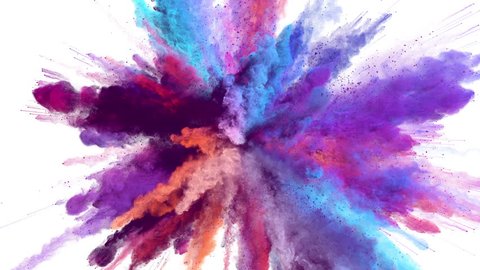 Cg animation of powder explosion with blue, red, orange and violet colors on white background. Slow motion movement with acceleration in the beginning. Has alpha matte.