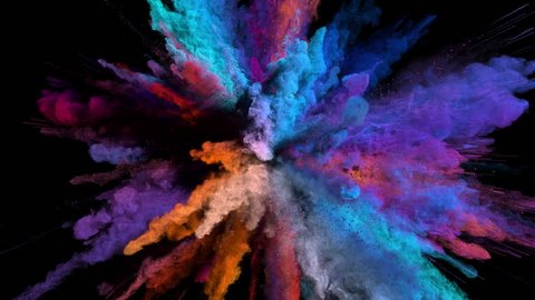 Cg animation of powder explosion with blue, red, orange and violet colors on black background. Slow motion movement with acceleration in the beginning. Has alpha matte.