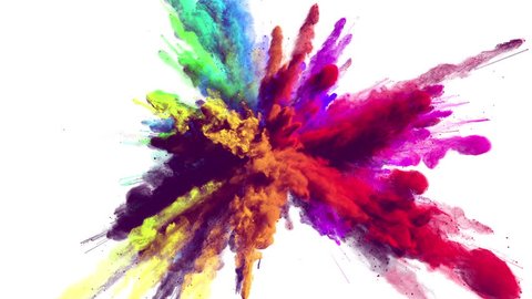 Cg animation of powder explosion with all primary colors on white background. Slow motion movement with acceleration in the beginning. Has alpha matte.