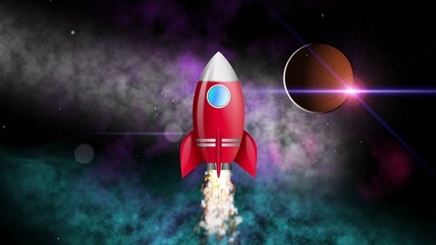 Animation cartoon rocket flying to the planet Mars. 4K UHD animated video seamless loop.