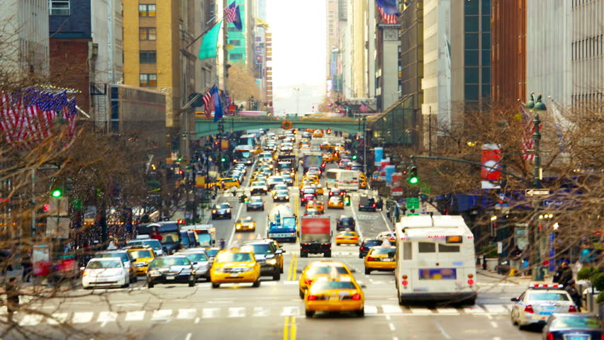New York City Manhattan street view with busy traffic along 42nd street time lapse