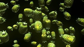 Field of floating pineapples on a black background. This video is a 3d animation and seamlessly loops.