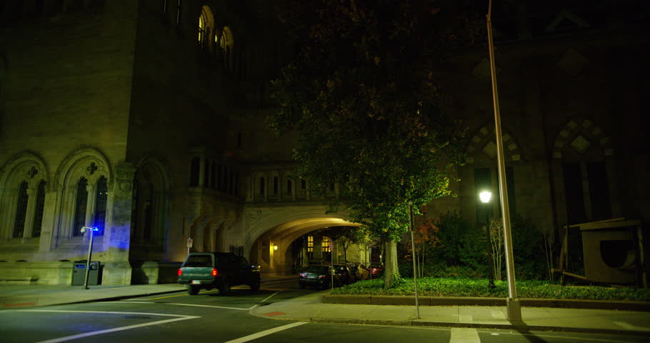 Yale campus at night in New Haven, Connecticut.