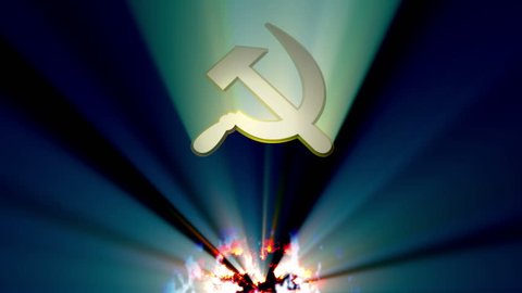 Hammer and Sickle the symbol of the Russian people rises from the burning embers and fire of a globe. The symbol throws out light from within to create light beams