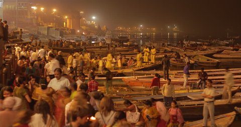 Varanasi, Uttar Pradesh/India - March 9, 2011: Time lapse of Ganga Aarti Puja in Varanasi, India.