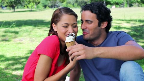 Joyful couple eating ice creams in the countryside