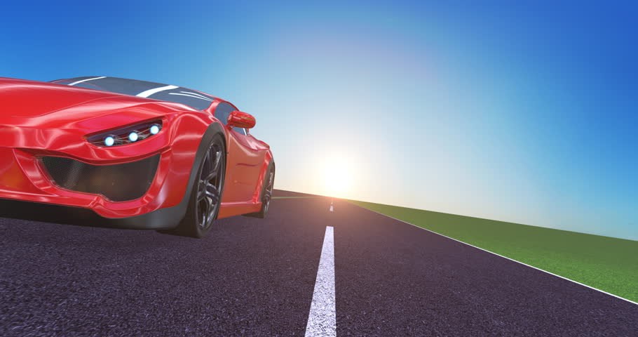 Red sports car moving on highway with headlights on