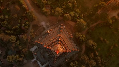 Bagan, Myanmar (Burma), aerial view of Thatbyinnyu temple and ancient pagodas at sunset.