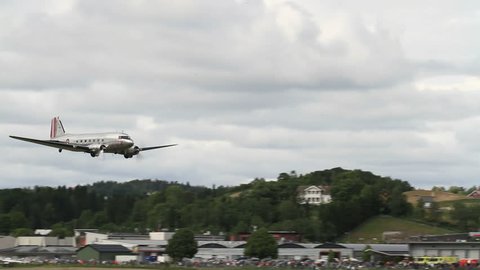 OSLO, NORWAY - JUNE 3, 2012: 100 year anniversary of Kjeller Airport, one of the oldest still operational in the world! Dakota DC-3 in airshow display