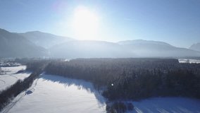 4k footage, aerial drone view of snow trees and hills of winter landscape against sunlight
