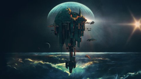 Alien planet or Moon colony with flying spaceship ships, in a futuristic 3D fantasy model for a science fiction animated background. (Seamless loop)