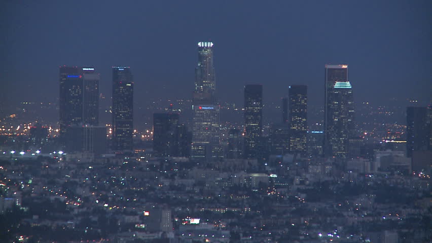 Defocus to focus and back to defocus of the Downtown Los Angeles skyline at