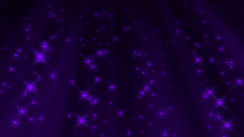 Seamless abstract loop features sparkling star particles streaming down form above over a background of deep purple beams of light.