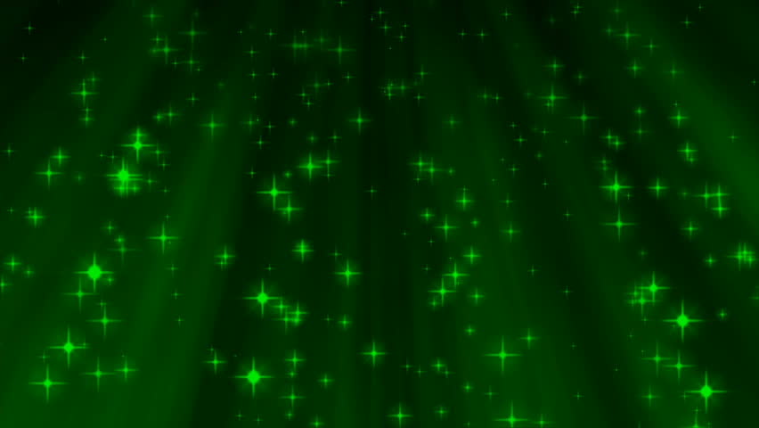 Seamless abstract loop features sparkling star particles streaming down form above over a background of deep green beams of light.