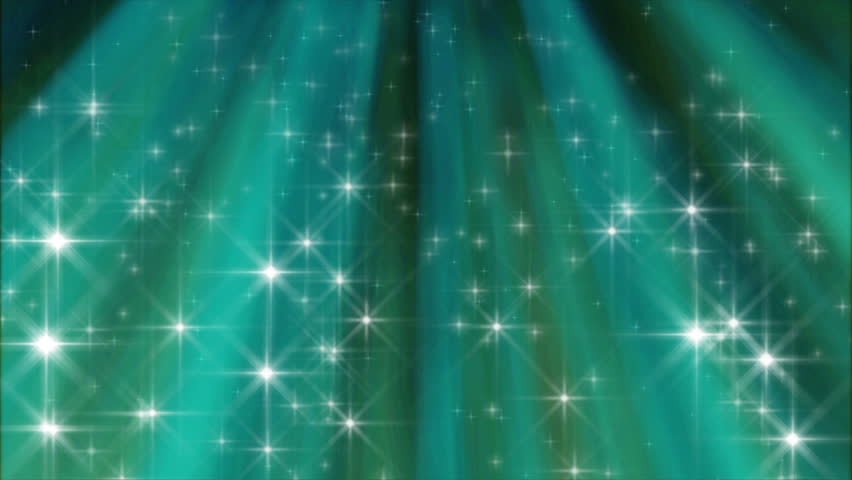 Seamless abstract loop features sparkling star particles streaming down form above over a background of aqua teal beams of light.