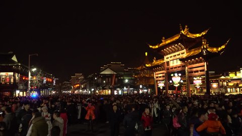 Jan.31,2017-Nanjing,China: People crowded in Confucius temple to watch lanterns.  Nanjing Qinhuai Lantern Festival is one of the oldest and biggest folk activities in China during Spring festival.