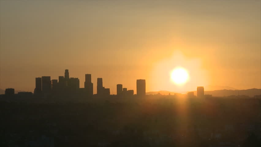 Sunrise with heat haze of Downtown Los Angeles skyline