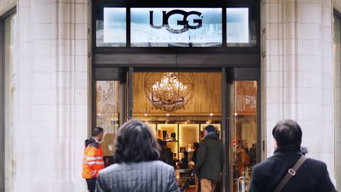 LONDON - JAN 24: UGG Australia brand retail shoe store open for business on January 24, 2017. UGG is an American footwear company that is best known for its sheepskin fashion boots for men and women. 