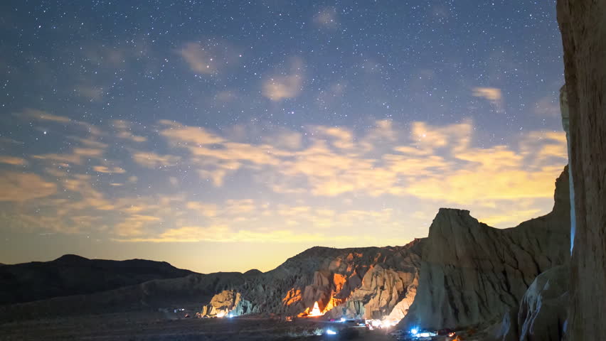 Astrophotography timelapse with zoom out motion of starry sky over campground at Red Rock Canyon State Park in Mojave Desert, California