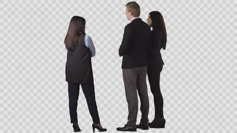 The seller in office clothes is standing near young couple, discussing. Back view. Clip with alpha channel background