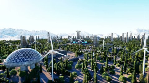 spaceship in a futuristic city, town. The concept of the future. Aerial view. Super realistic 4k animation.