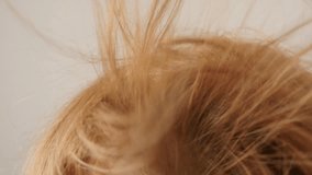 At home female blow-drying wet hair in slow motion close-up 1920X1080 HD footage - hair-dryer using on blonde woman strands slow-mo 1080p FullHD video