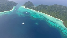Aerial video of beauty nature landscape with beach, corals and sea on Koh Rok island, Thailand, 4k