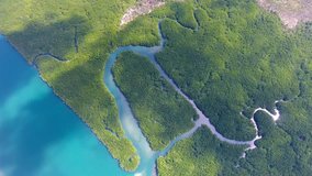 Top view aerial video of estuaries and strait on Ko Lanta island, Thailand, 4k