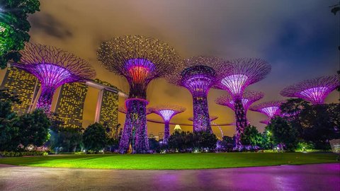 4K timelapse, Singapore, park Gardens by the Bay with it's famous landmark supertrees grove. solar cell technology background.