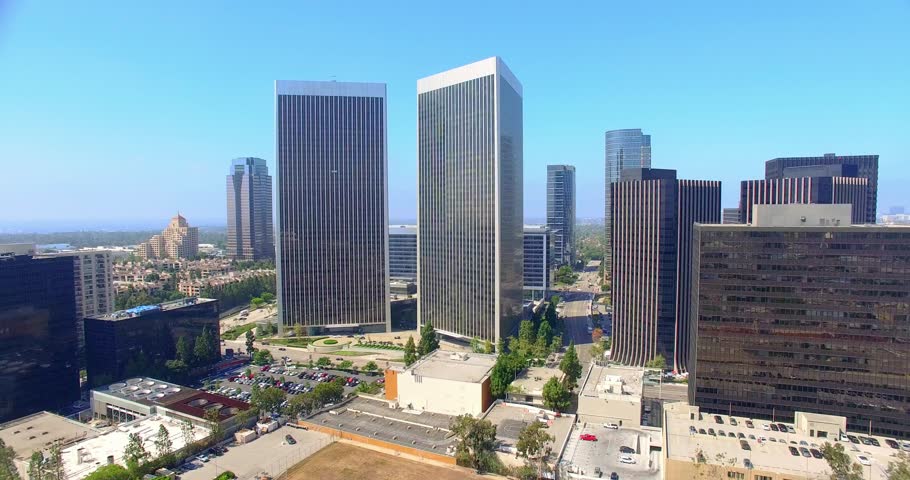 Aerial view of Century City skyline skyscrapers, Los Angeles, California, 4K