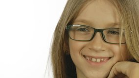 Eyeglasses Child Portrait Smiling, Happy Laughing Girl Face Closeup White Screen