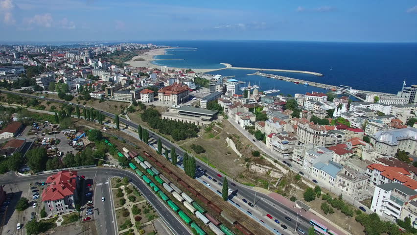 Flight over Constanta city and coastline, Romania