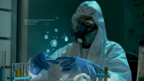 Examination of new dangerous virus strain. Global work to reduce epidemy, diseases and illness in the world. Bio scientist in protective lab clothes holds futuristic graphic hologram interface with 3D Video de stock