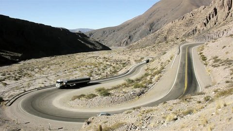 Trucks on Cuesta de Lipan, Lipan Slope Road, National Route 52, Jujuy province, Argentina. High Angle View.