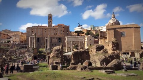 Surviving Structures in the Roman Forum, Rome, Italy. View of the Remaining Columns of the Temples of Saturn and Vespian and Titus, the Arch of Septimius Severus and in the Background the Tabularium.